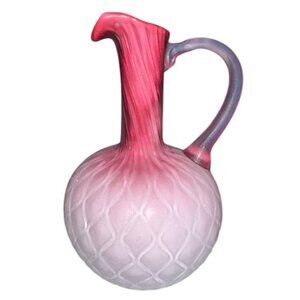 Vintage Victorian Pink Opalescent Quilted Art Glass Ewer